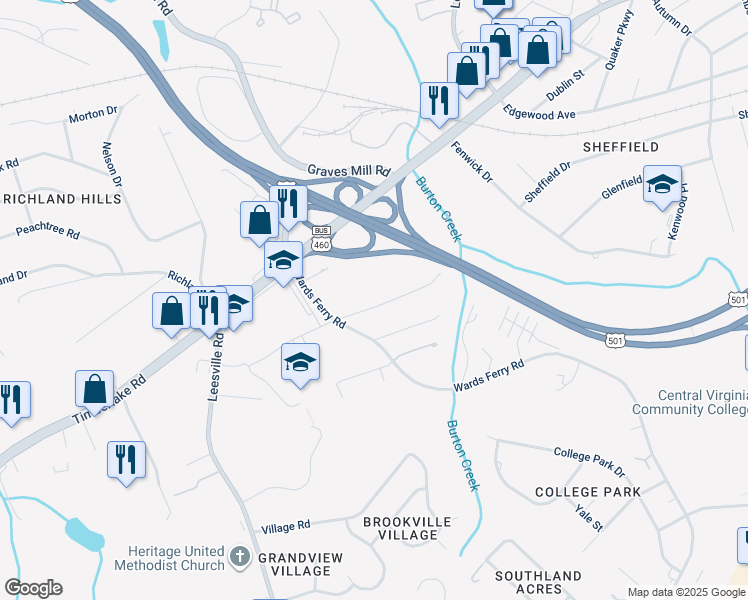 map of restaurants, bars, coffee shops, grocery stores, and more near 109 Adams Drive in Lynchburg