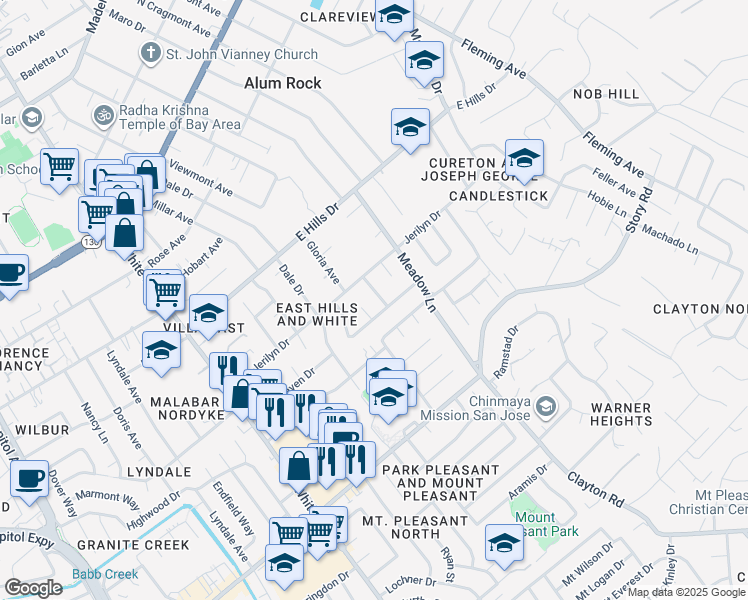 map of restaurants, bars, coffee shops, grocery stores, and more near 10287 Earlander Street in San Jose