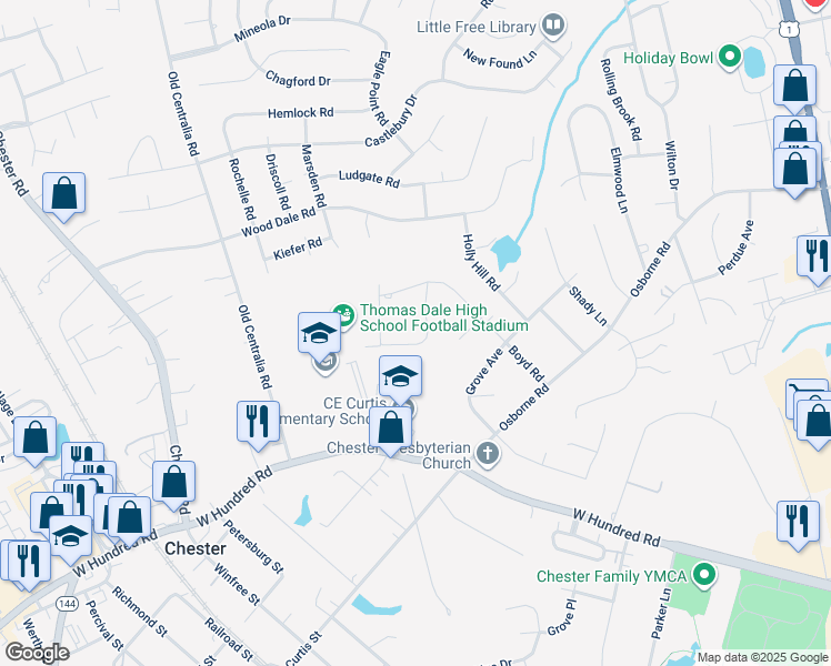 map of restaurants, bars, coffee shops, grocery stores, and more near 11740 Dewberry Lane in Chester