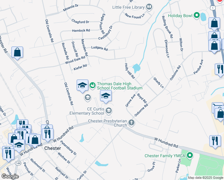 map of restaurants, bars, coffee shops, grocery stores, and more near 11740 Dewberry Lane in Chester