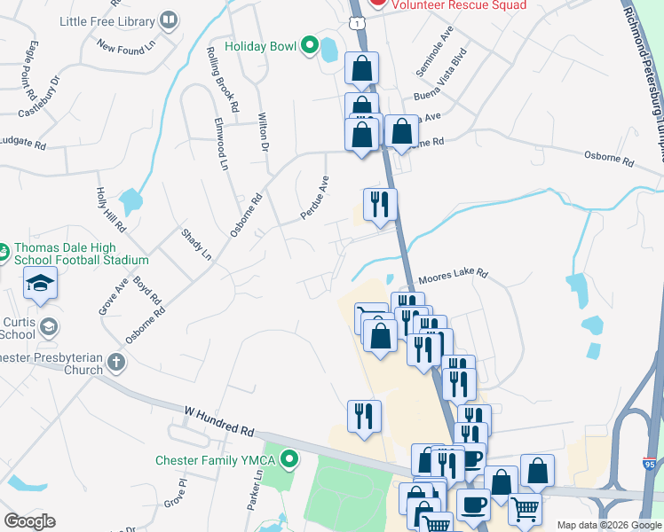 map of restaurants, bars, coffee shops, grocery stores, and more near 3000 Perdue Springs Lane in Chester
