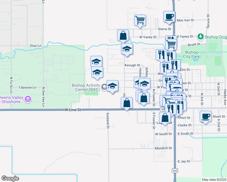 map of restaurants, bars, coffee shops, grocery stores, and more near 760 West Pine Street in Bishop