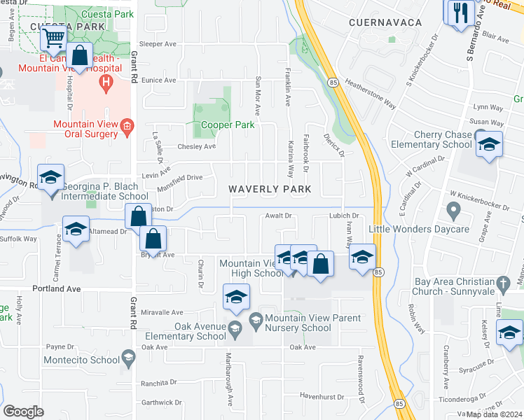 map of restaurants, bars, coffee shops, grocery stores, and more near 1180 Awalt Drive in Mountain View