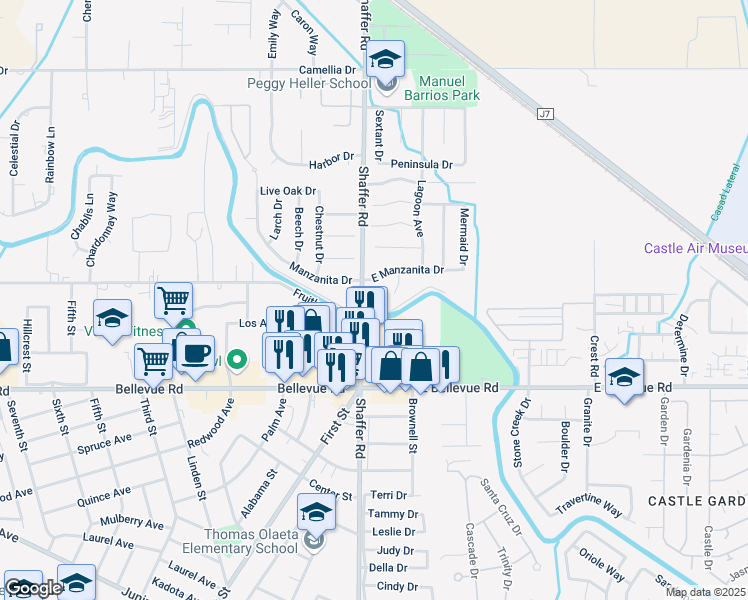 map of restaurants, bars, coffee shops, grocery stores, and more near 2900 Shaffer Road in Atwater