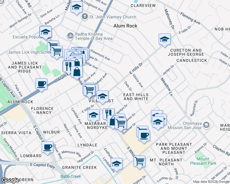 map of restaurants, bars, coffee shops, grocery stores, and more near 3230 East Hills Drive in San Jose