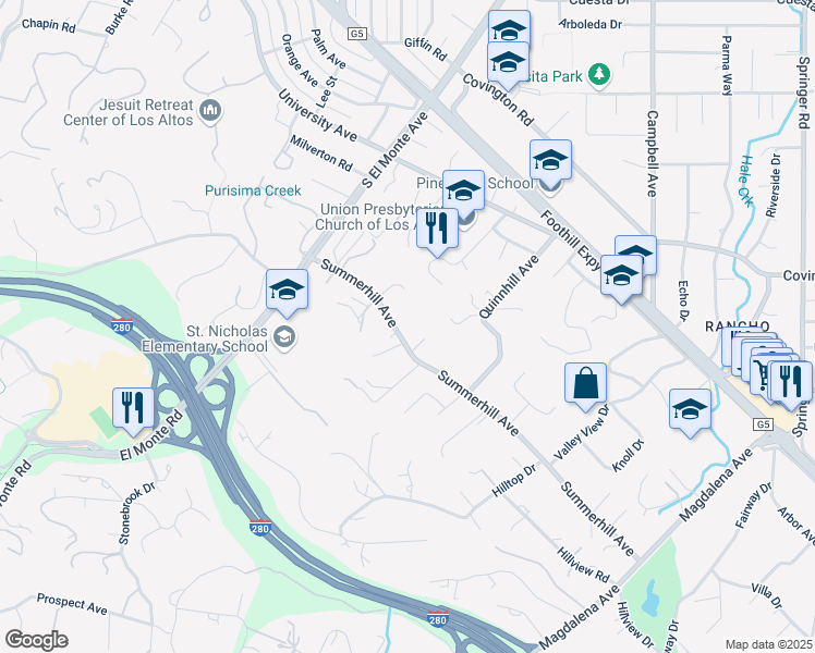 map of restaurants, bars, coffee shops, grocery stores, and more near 24621 Summerhill Avenue in Los Altos