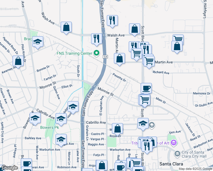 map of restaurants, bars, coffee shops, grocery stores, and more near 2274 Ellena Drive in Santa Clara