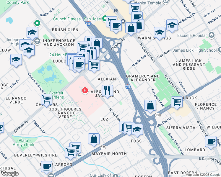 map of restaurants, bars, coffee shops, grocery stores, and more near 198 Damsen Drive in San Jose