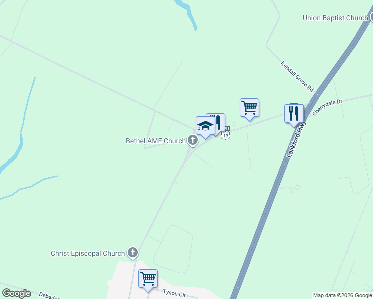 map of restaurants, bars, coffee shops, grocery stores, and more near 15494 Church Street in Cape Charles