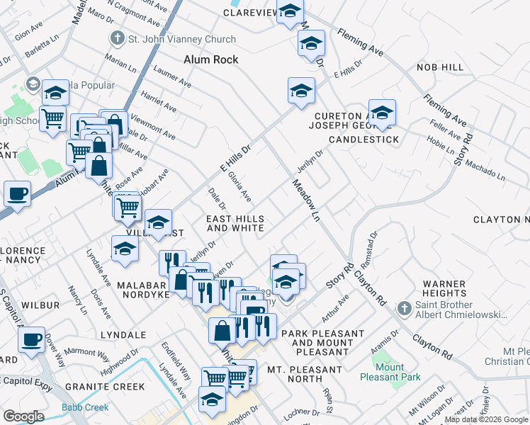 map of restaurants, bars, coffee shops, grocery stores, and more near 10314 Chrisland Court in San Jose