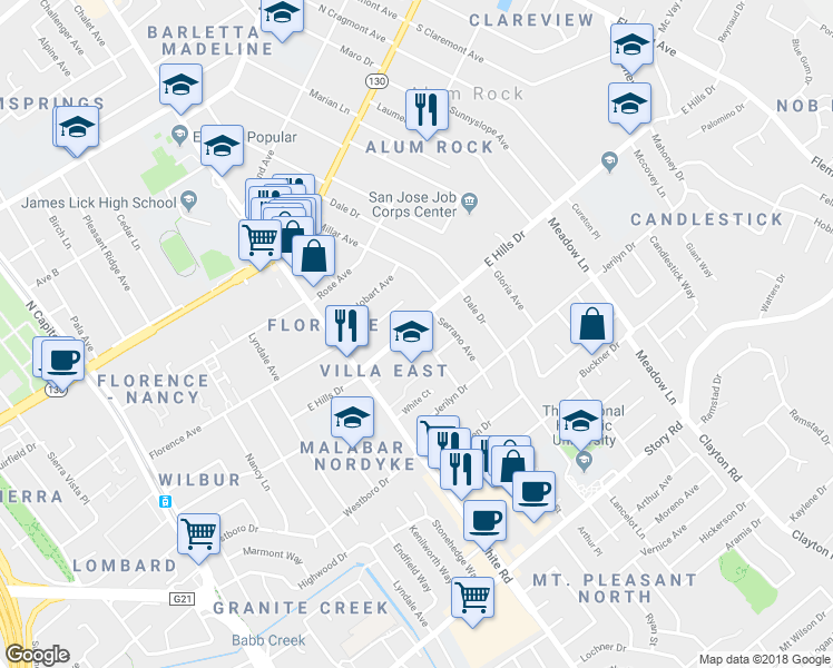 map of restaurants, bars, coffee shops, grocery stores, and more near 3230 East Hills Drive in San Jose