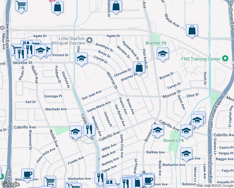 map of restaurants, bars, coffee shops, grocery stores, and more near 2236 Francis Avenue in Santa Clara