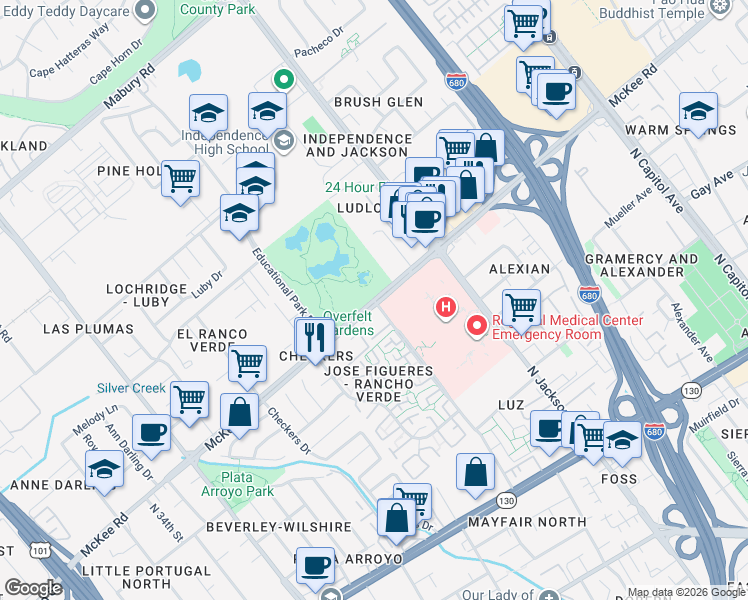 map of restaurants, bars, coffee shops, grocery stores, and more near McKee Road & Jose Figueres Avenue in San Jose