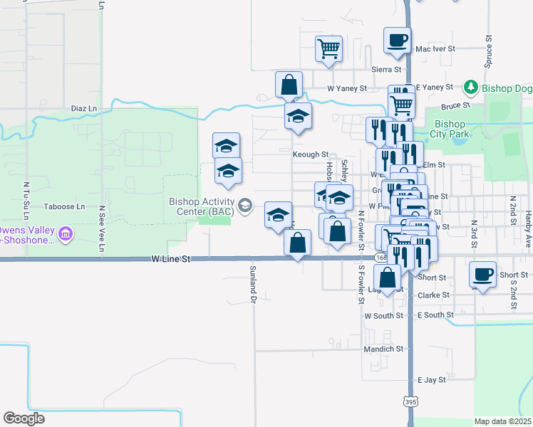 map of restaurants, bars, coffee shops, grocery stores, and more near 760 West Pine Street in Bishop