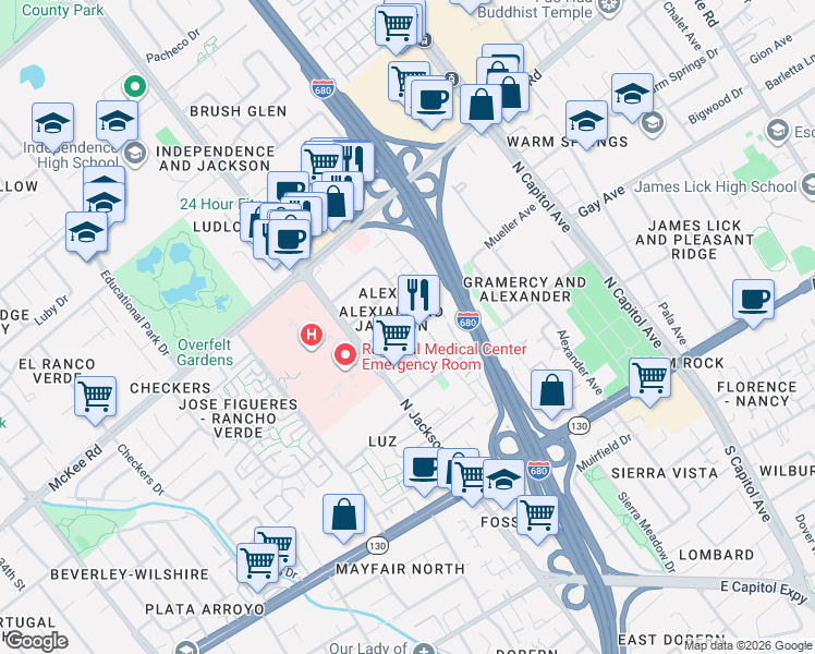 map of restaurants, bars, coffee shops, grocery stores, and more near 198 Damsen Drive in San Jose