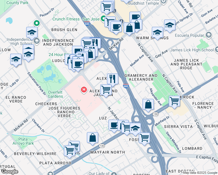 map of restaurants, bars, coffee shops, grocery stores, and more near 198 Damsen Drive in San Jose