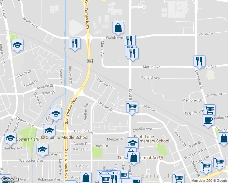 map of restaurants, bars, coffee shops, grocery stores, and more near 2285 Deborah Drive in Santa Clara