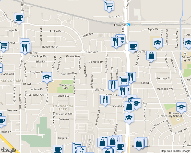 map of restaurants, bars, coffee shops, grocery stores, and more near 1083 Hedera Court in Sunnyvale