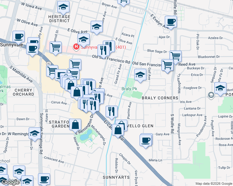 map of restaurants, bars, coffee shops, grocery stores, and more near 677 Iris Avenue in Sunnyvale