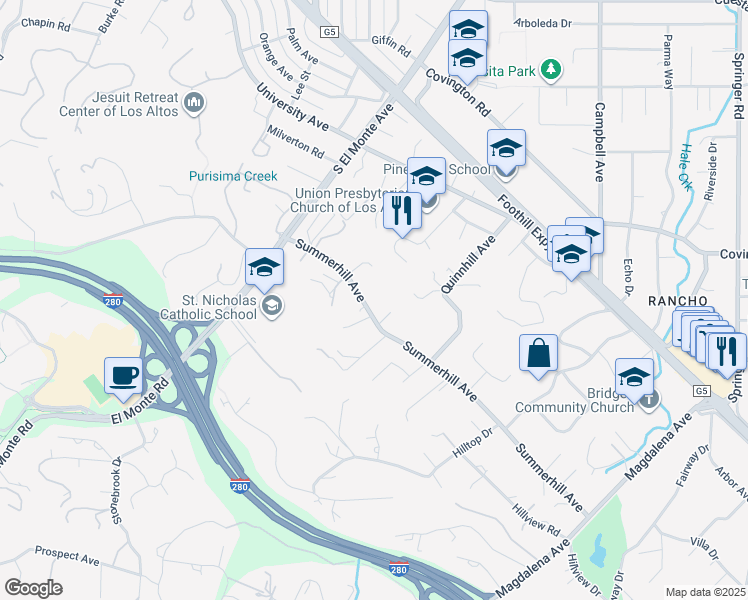 map of restaurants, bars, coffee shops, grocery stores, and more near 24621 Summerhill Avenue in Los Altos