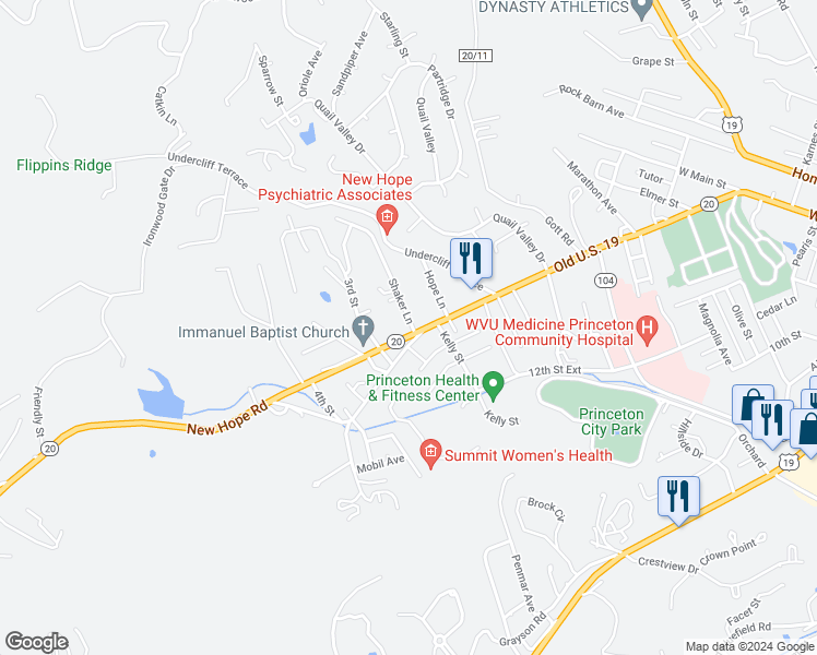 map of restaurants, bars, coffee shops, grocery stores, and more near 240 New Hope Road in Princeton
