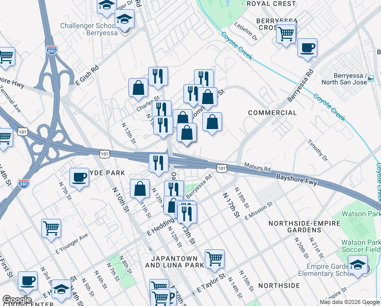 map of restaurants, bars, coffee shops, grocery stores, and more near 765 Mabury Road in San Jose
