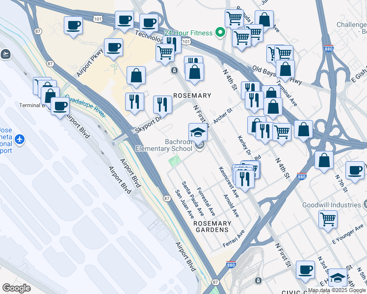 map of restaurants, bars, coffee shops, grocery stores, and more near 1550 Technology Drive in San Jose