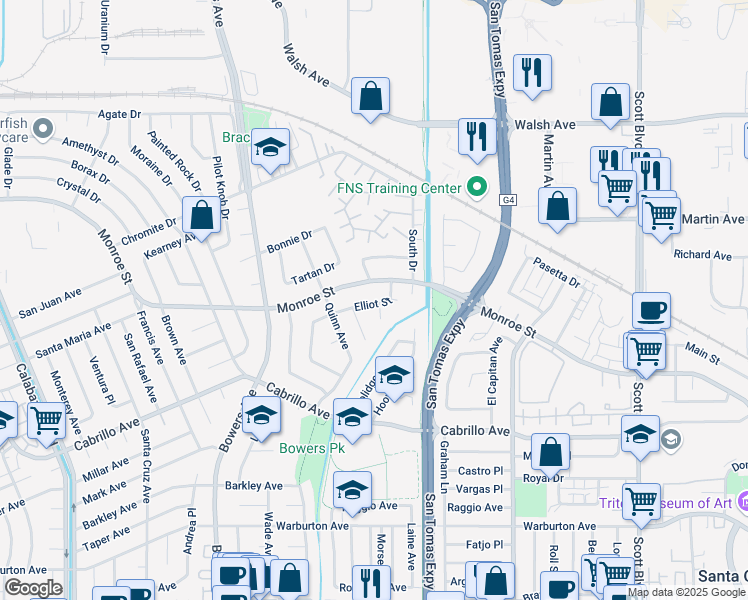 map of restaurants, bars, coffee shops, grocery stores, and more near 2495 Elliot Street in Santa Clara
