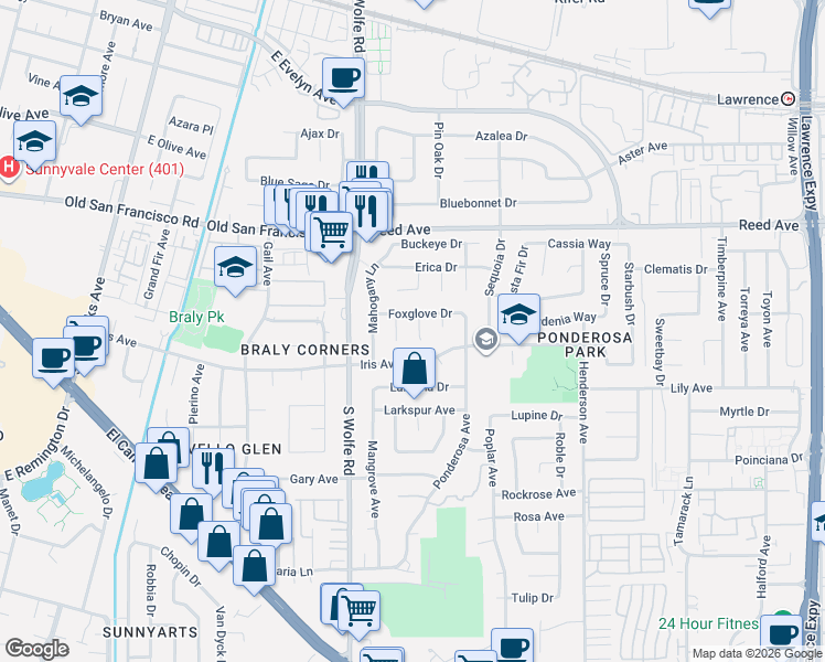 map of restaurants, bars, coffee shops, grocery stores, and more near 785 Nuttal Oak Court in Sunnyvale