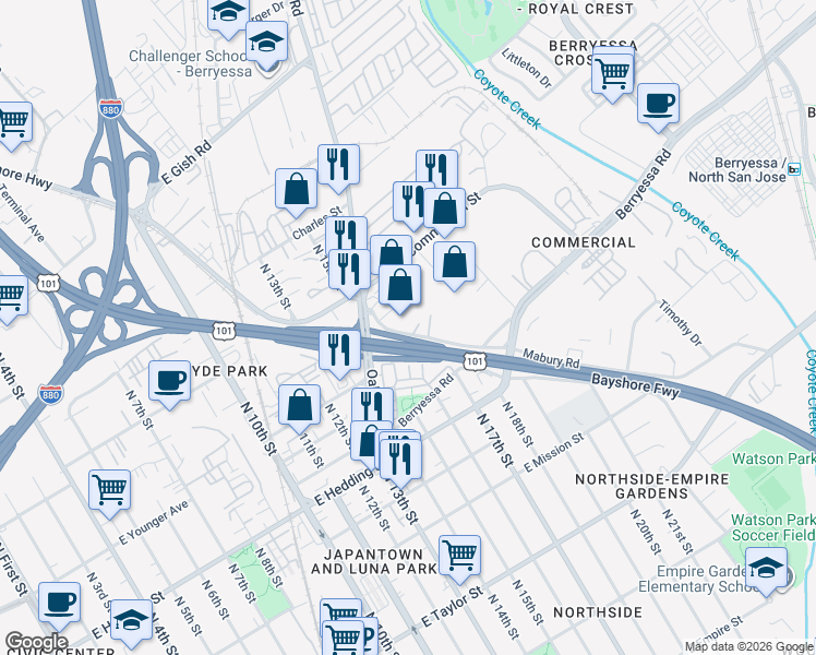 map of restaurants, bars, coffee shops, grocery stores, and more near 765 Mabury Road in San Jose
