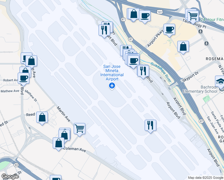 map of restaurants, bars, coffee shops, grocery stores, and more near 1701 Airport Boulevard in San Jose