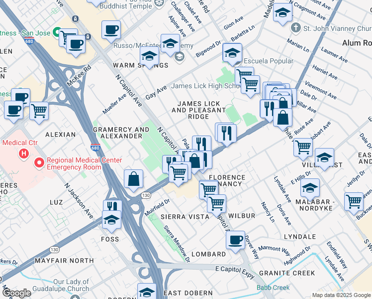 map of restaurants, bars, coffee shops, grocery stores, and more near 25 Pala Avenue in San Jose
