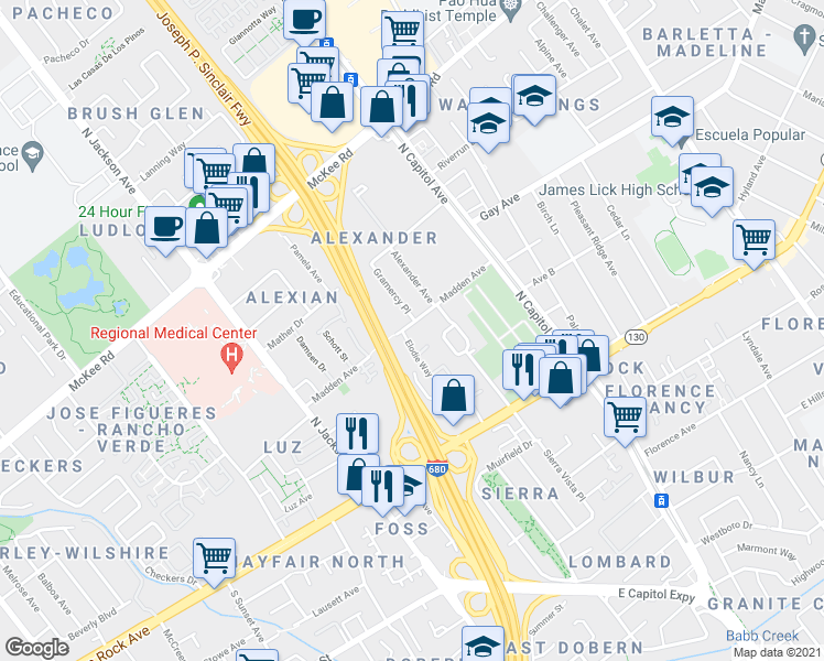 map of restaurants, bars, coffee shops, grocery stores, and more near 138 Elodie Way in San Jose