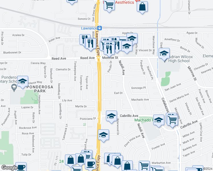 map of restaurants, bars, coffee shops, grocery stores, and more near 2229 Crocker Way in Santa Clara