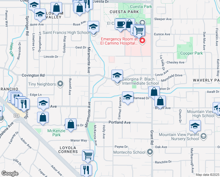 map of restaurants, bars, coffee shops, grocery stores, and more near 1098 Muir Way in Los Altos