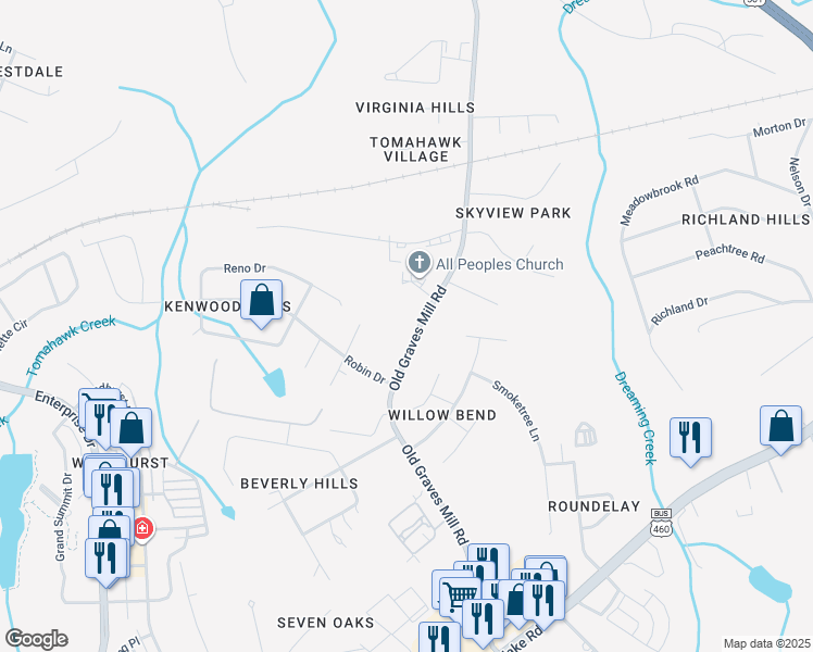 map of restaurants, bars, coffee shops, grocery stores, and more near 629 Old Graves Mill Road in Lynchburg