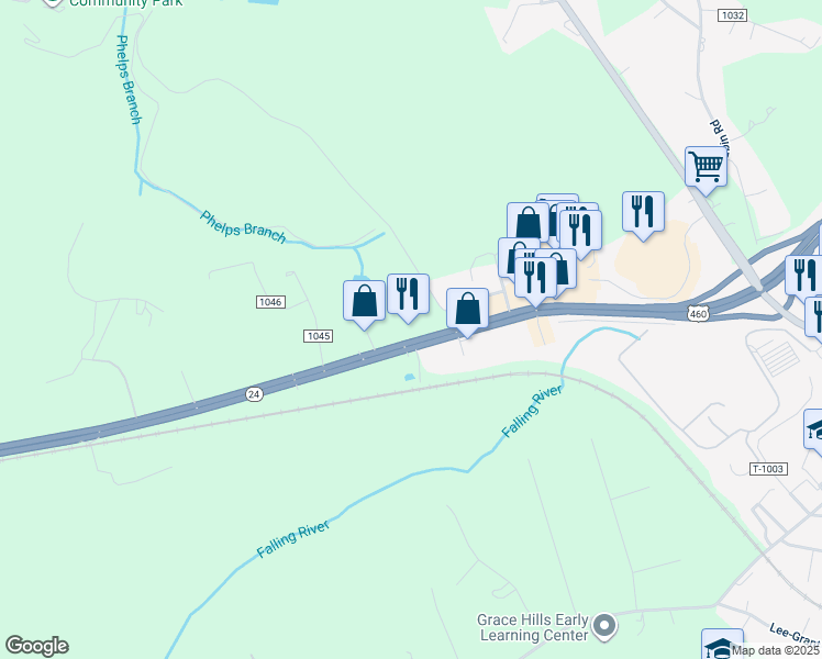 map of restaurants, bars, coffee shops, grocery stores, and more near 7489 Richmond Highway in Appomattox