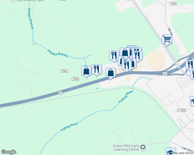 map of restaurants, bars, coffee shops, grocery stores, and more near 7489-7559 Richmond Highway in Appomattox