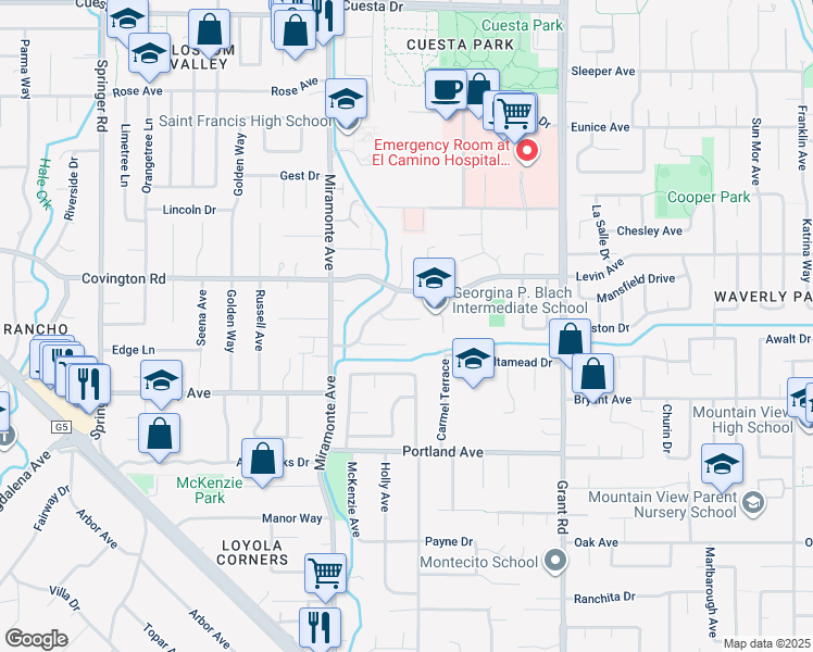 map of restaurants, bars, coffee shops, grocery stores, and more near 1098 Muir Way in Los Altos