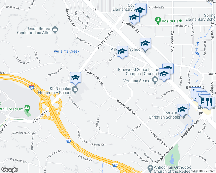 map of restaurants, bars, coffee shops, grocery stores, and more near 24621 Summerhill Avenue in Los Altos