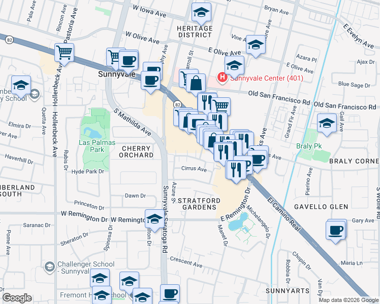map of restaurants, bars, coffee shops, grocery stores, and more near in Sunnyvale