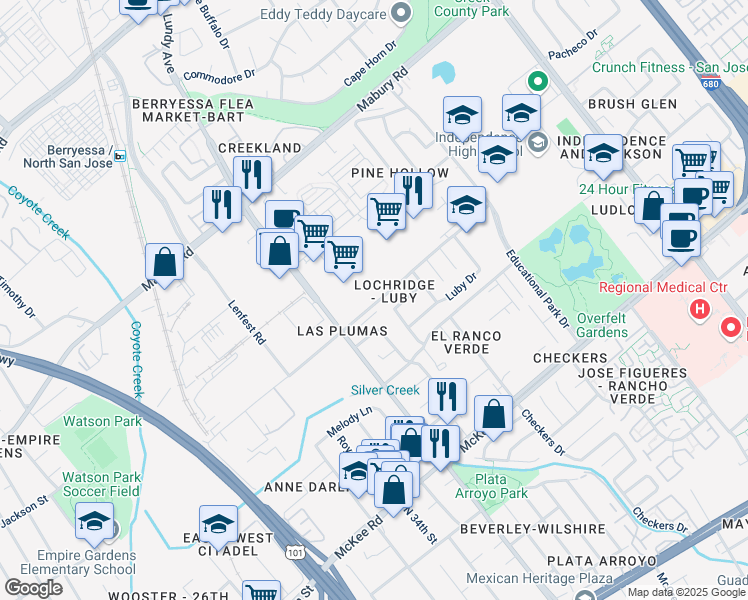 map of restaurants, bars, coffee shops, grocery stores, and more near 1805 Las Plumas Avenue in San Jose