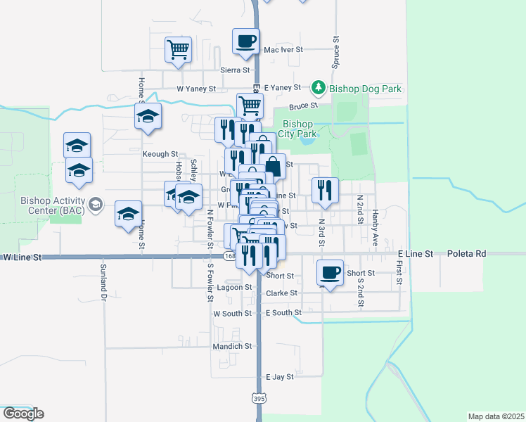 map of restaurants, bars, coffee shops, grocery stores, and more near 114 May Street in Bishop