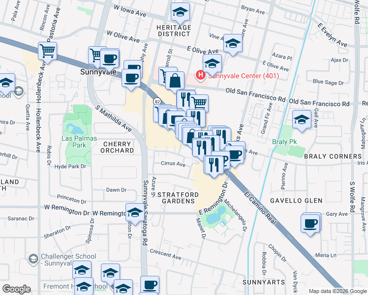map of restaurants, bars, coffee shops, grocery stores, and more near in Sunnyvale
