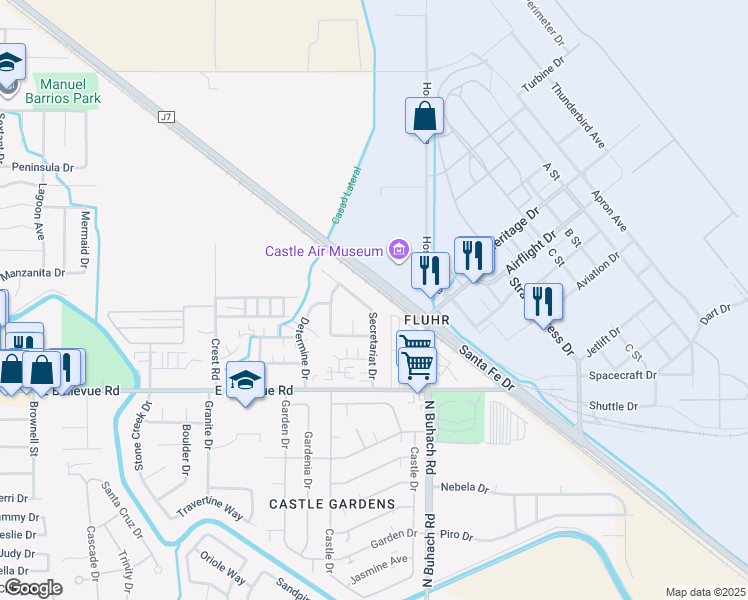 map of restaurants, bars, coffee shops, grocery stores, and more near 3004 Secretariat Drive in Atwater