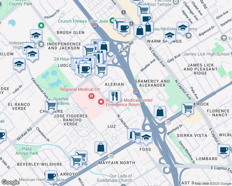 map of restaurants, bars, coffee shops, grocery stores, and more near 198 Damsen Drive in San Jose