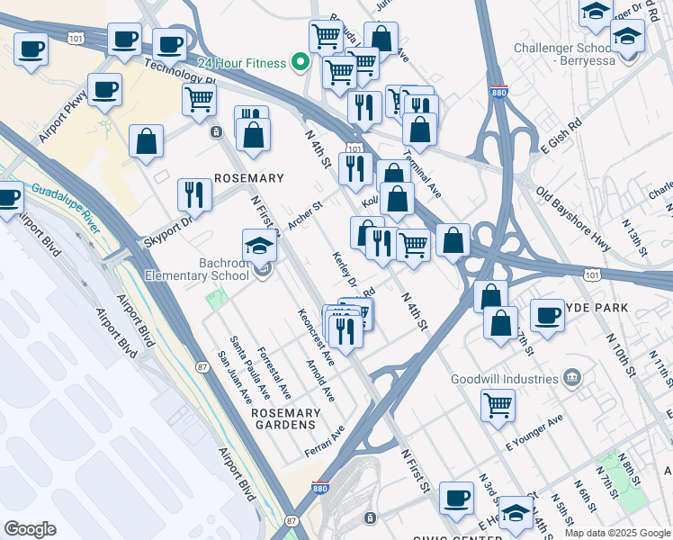 map of restaurants, bars, coffee shops, grocery stores, and more near 1465 Kerley Drive in San Jose