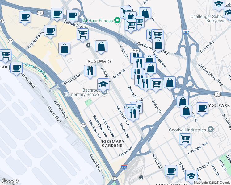 map of restaurants, bars, coffee shops, grocery stores, and more near 1505 North 1st Street in San Jose