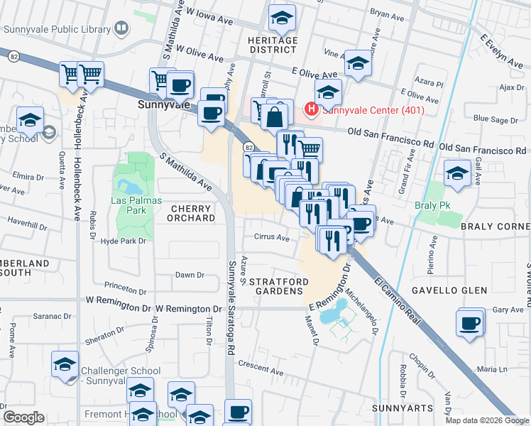 map of restaurants, bars, coffee shops, grocery stores, and more near in Sunnyvale