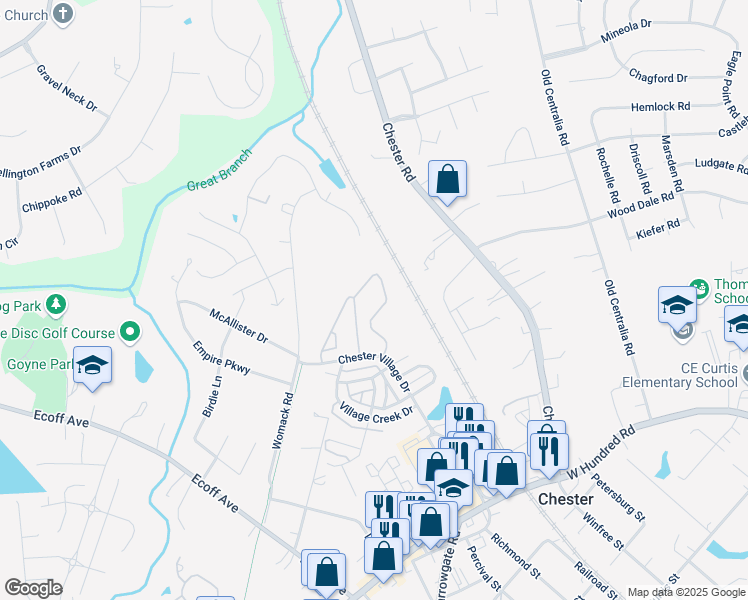 map of restaurants, bars, coffee shops, grocery stores, and more near 11001 Chester Garden Circle in Chester